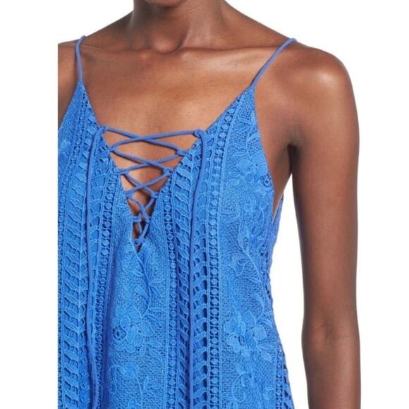 ASTR Dress Crochet Lace Floral Mini Shift Sleeveless Lace-Up V Neck Blue Boho S - Picture 7 of 7